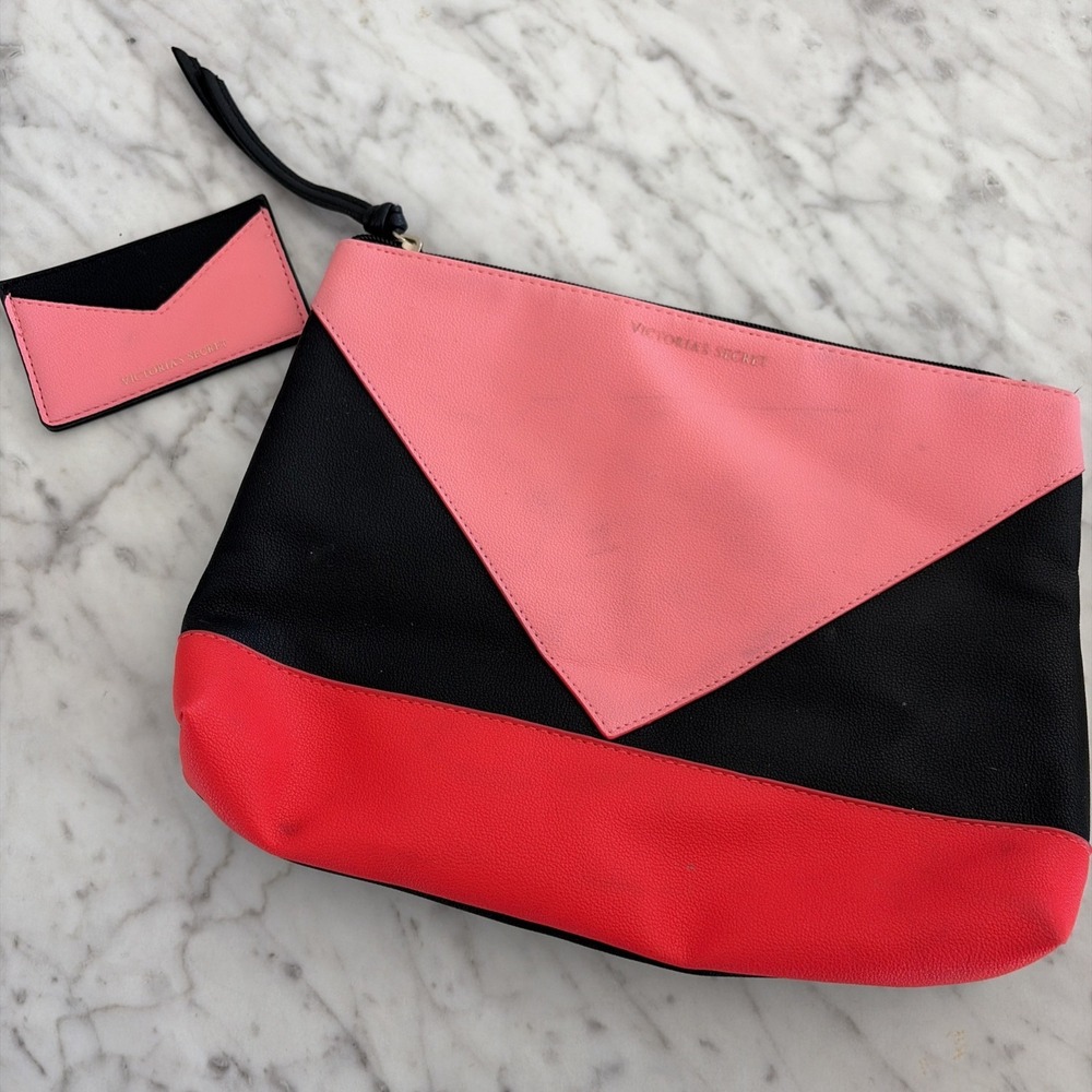 VICTORIA'S SECRET Coral PINK BlacK Clutch Makeup Beauty Bag Pouch Case Cosmetic